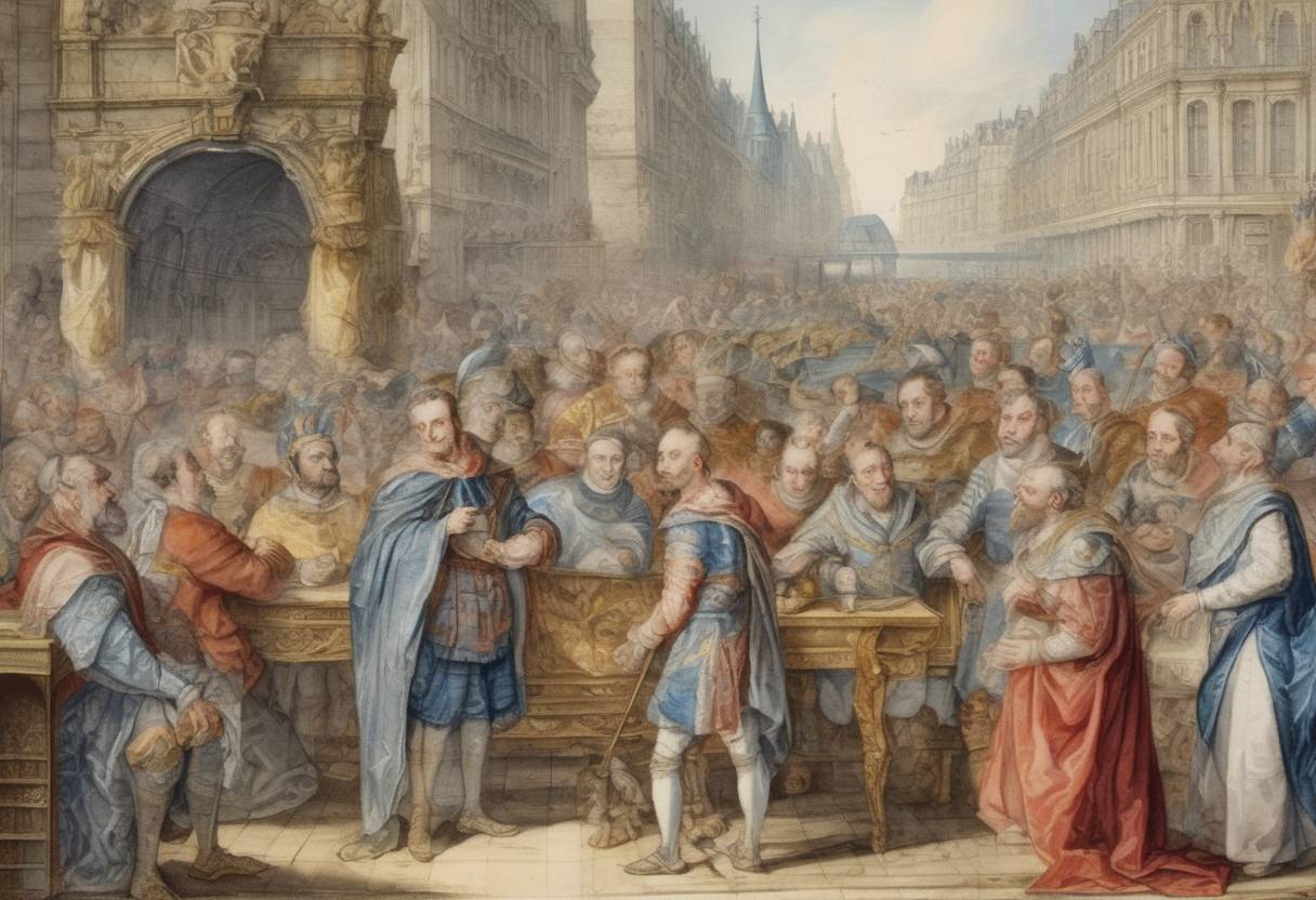 Watercolor painting based depiction of Henry IV of France converted from Protestantism to Roman Catholicism, reportedly declaring 'Paris is well worth a Mass,' which helped to end the French Wars of Religion. (1593)