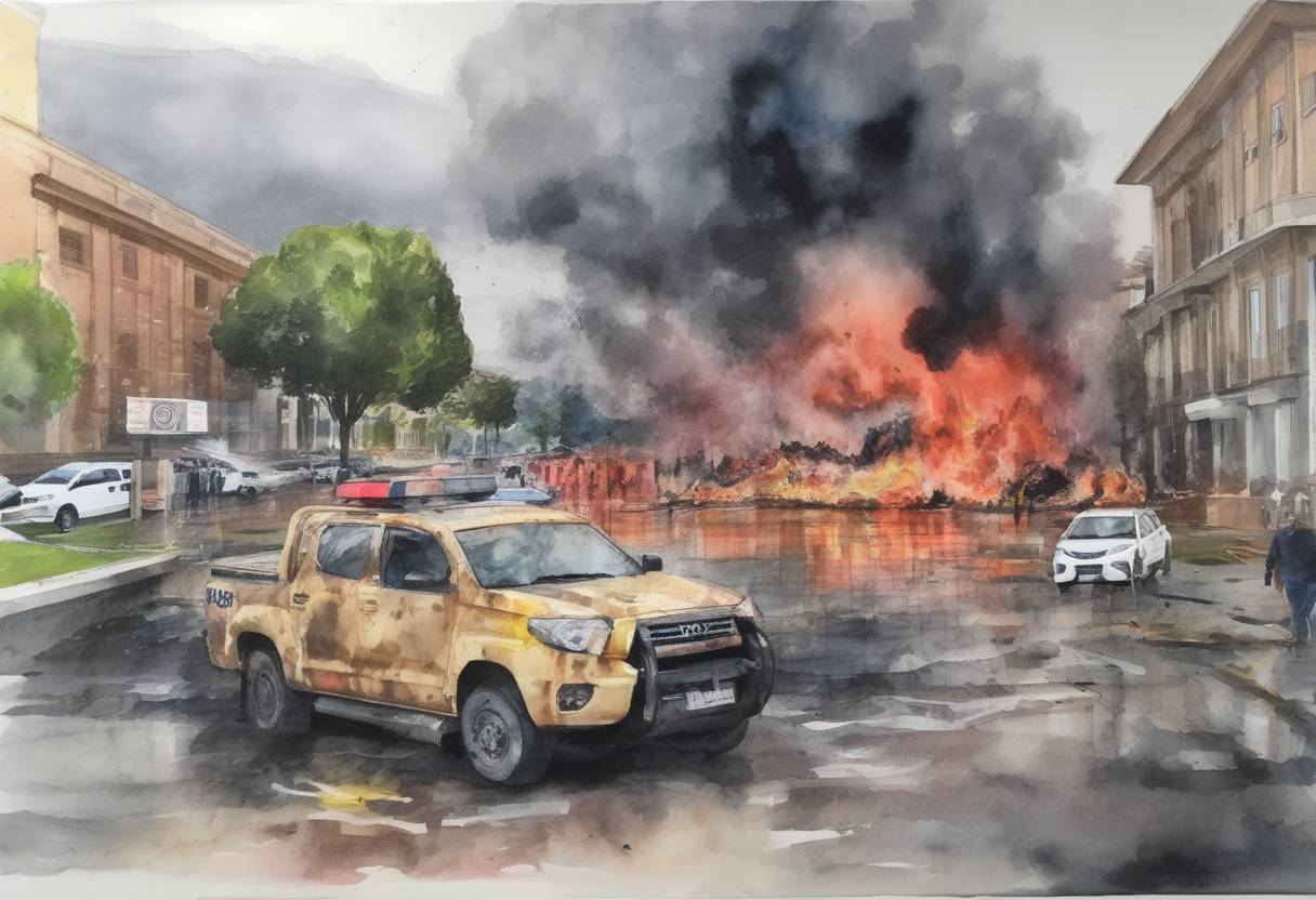 Watercolor painting based depiction of A car bomb attack at the General Santander National Police Academy in Bogotá, Colombia, kills 22 people and injures dozens more, marking one of the deadliest attacks in the country in recent years. (2019)