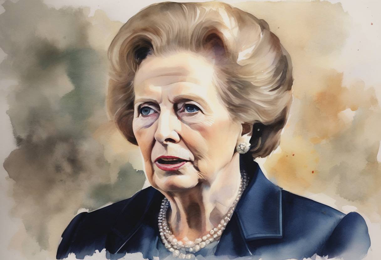 Watercolor painting based depiction of Former British Prime Minister Margaret Thatcher passed away at the age of 87, marking the end of an era for British politics. (2013)