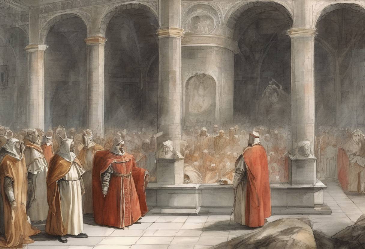 Watercolor painting based depiction of Pope Innocent IV issued the papal bull 'Ad extirpanda', which authorized the use of torture by the Inquisition to extract confessions from heretics. (1252)