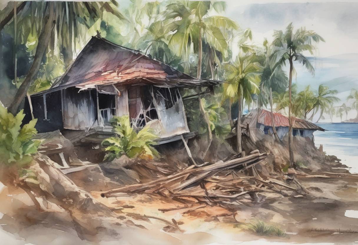 Watercolor painting based depiction of A 6.4 magnitude earthquake struck the island of Lombok in Indonesia, causing significant damage and loss of life, and was followed by a series of aftershocks. (2018)