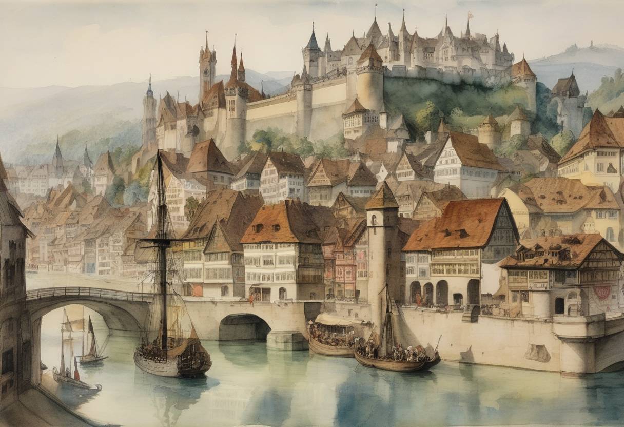 Watercolor painting based depiction of The Peace of Basel was signed, concluding the Swabian War between the Old Swiss Confederacy and the House of Habsburg, marking significant Swiss independence from Habsburg influence. (1499)