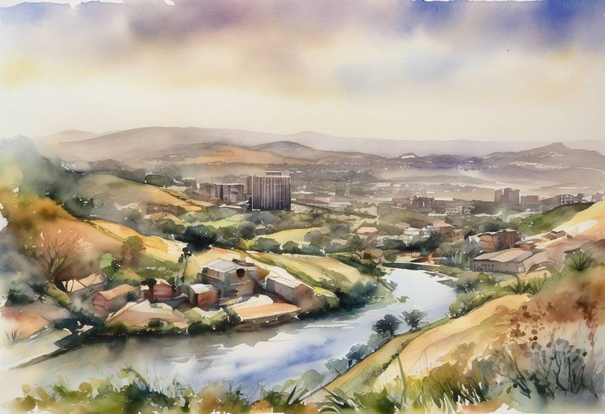 Watercolor painting based depiction of Earth Summit 2002, also known as the World Summit on Sustainable Development (WSSD), begins in Johannesburg, South Africa. The summit aimed to address sustainable development by reconciling the worldwide ecology with economic growth. (2002)