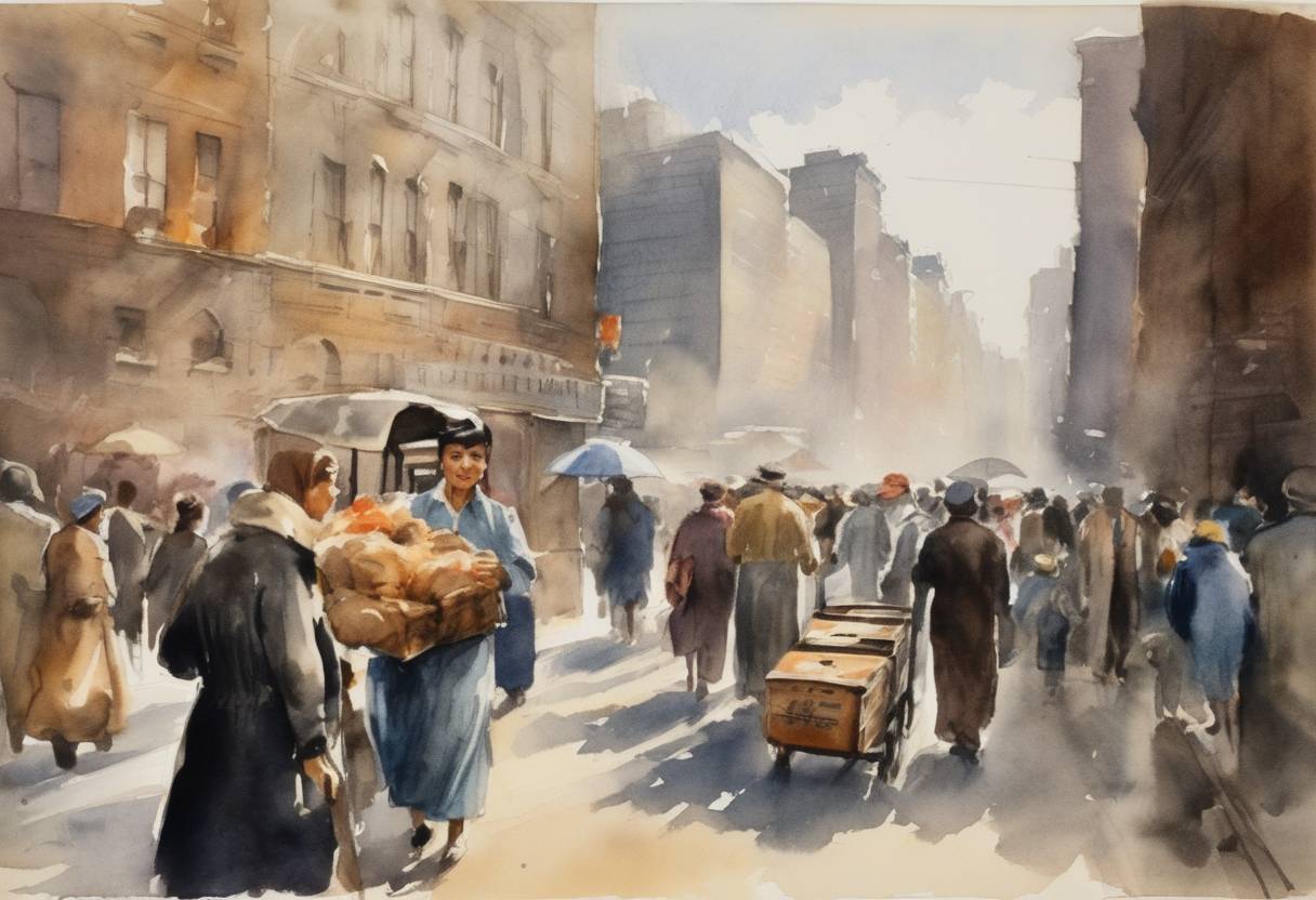 Watercolor painting based depiction of The United Nations establishes the aid program UNHCR to assist European refugees. (1950)