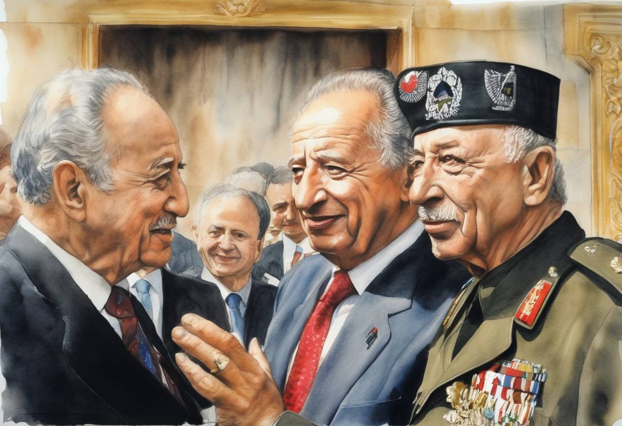 Watercolor painting based depiction of The Nobel Peace Prize was awarded jointly to Yasser Arafat, Shimon Peres, and Yitzhak Rabin for their efforts to create peace in the Middle East. (1994)