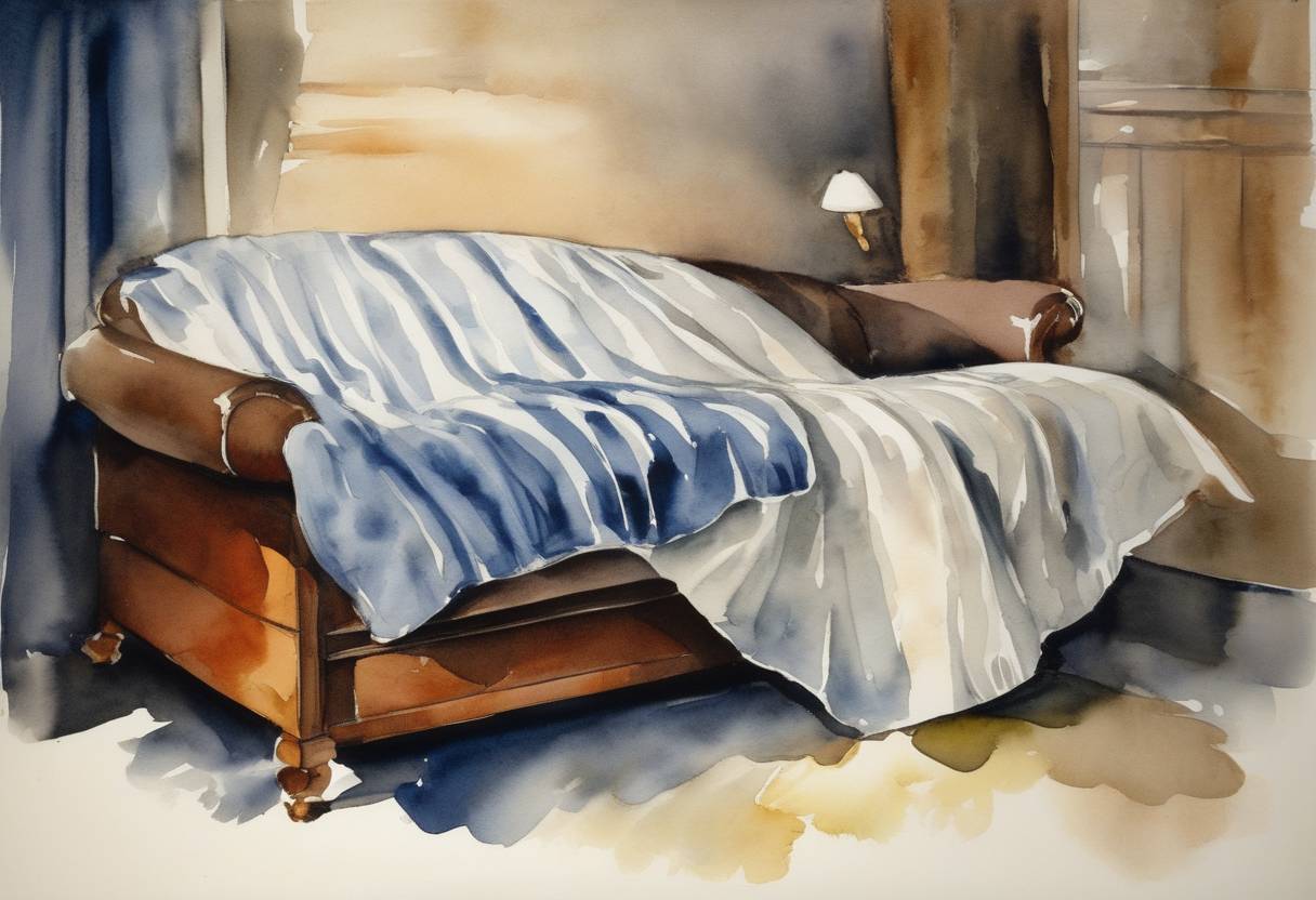 Watercolor painting based depiction of The first electric blanket is patented in the United States by inventor George C. Crowley, featuring thermostatic controls to maintain consistent warmth. This innovation played a role in the broader adoption of electric appliances in post-war America, contributing to modern comforts in everyday life. (1946)