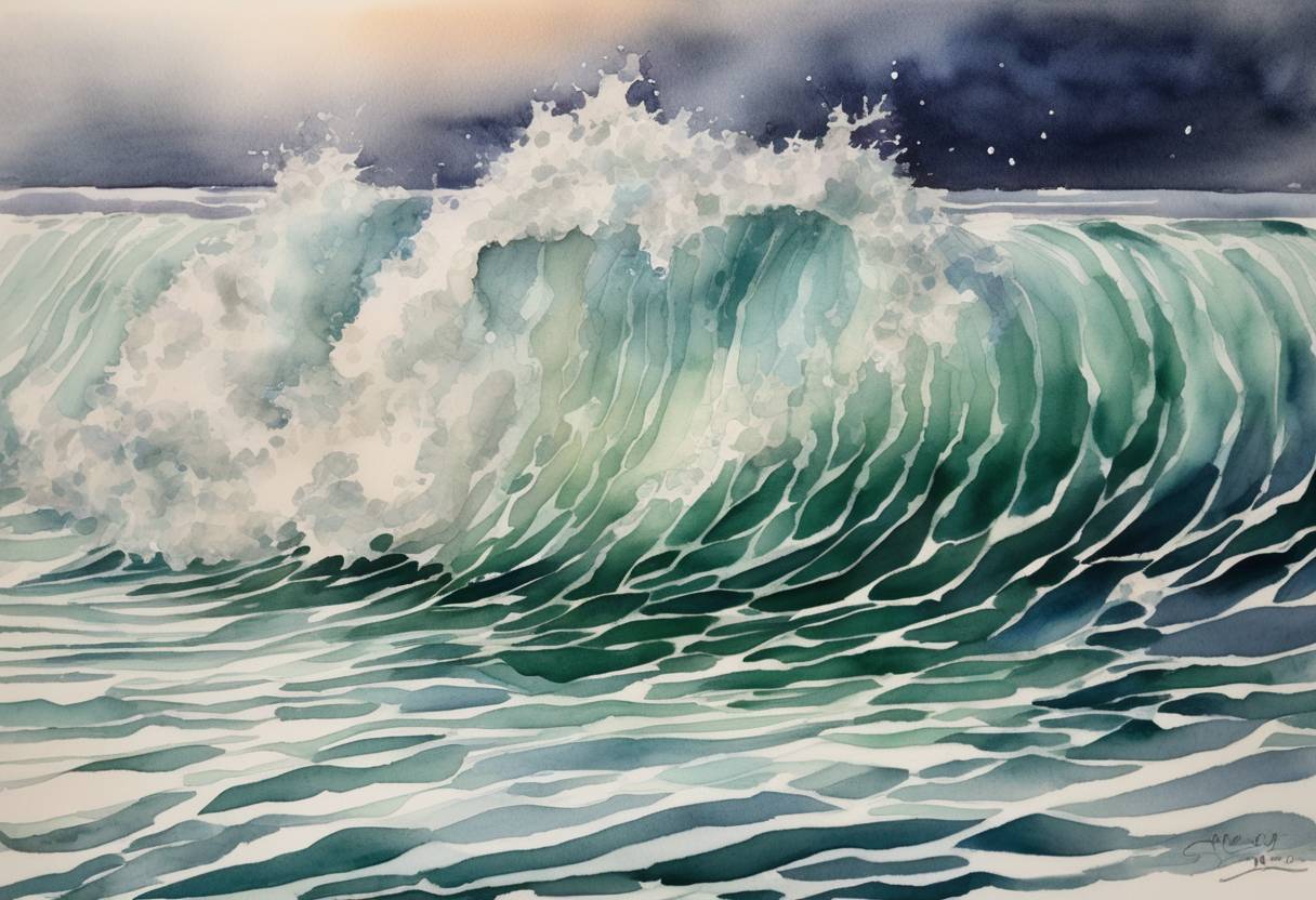 Watercolor painting based depiction of A powerful magnitude 7.2 earthquake struck the Pacific Ocean off the coast of Alaskan Peninsula. The quake triggered early tsunami warnings which were later lifted without major incidents. (2021)