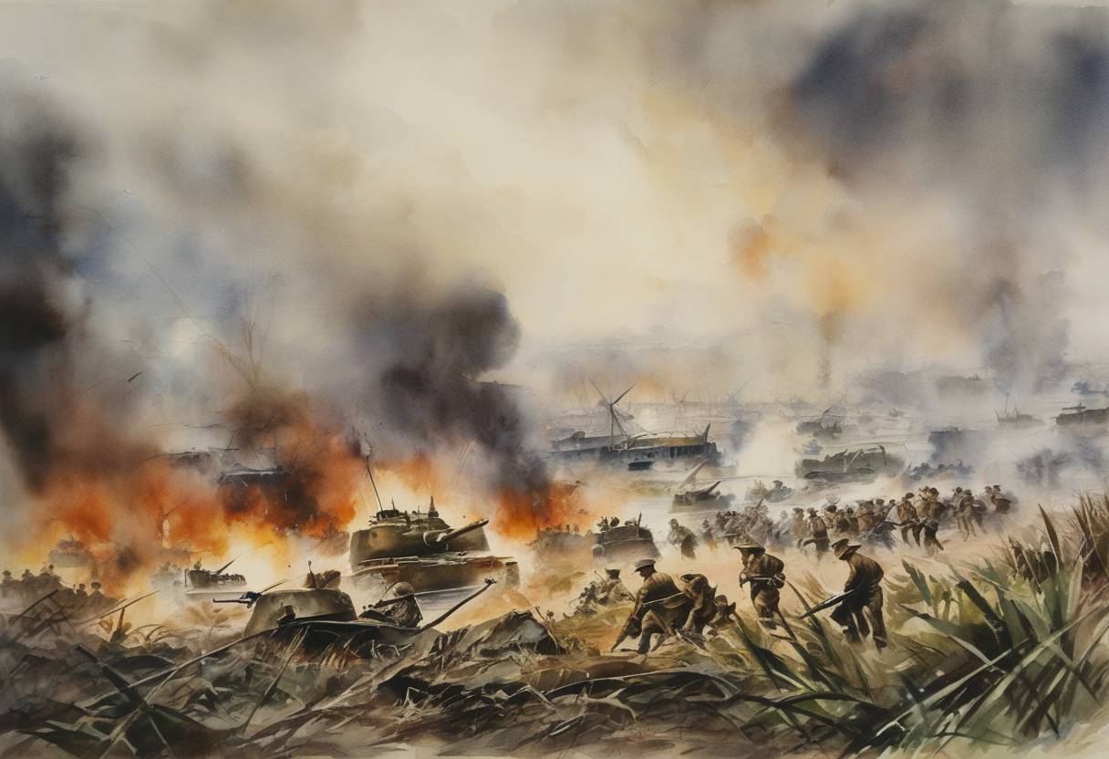 Watercolor painting based depiction of The Battle of Manila begins between American and Filipino forces and the Japanese during World War II, lasting until March 3. (1945)