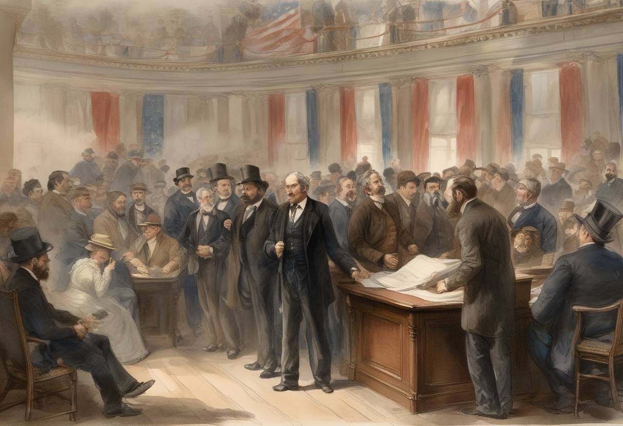 Watercolor painting based depiction of U.S. Congress enacts the Immigration Act of 1882, which imposes a head tax of 50 cents on each immigrant and excludes certain classes of immigrants. (1882)