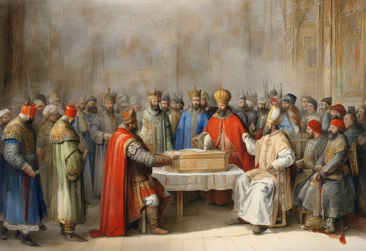 Watercolor painting based depiction of A peace treaty was signed between Tsar Ivan IV of Russia and Stephen Báthory of the Polish–Lithuanian Commonwealth, significantly shaping Eastern European politics. This agreement was part of ongoing negotiations to end the Livonian War, where the Russian tsardom sought a truce with the Polish–Lithuanian forces. (1582)