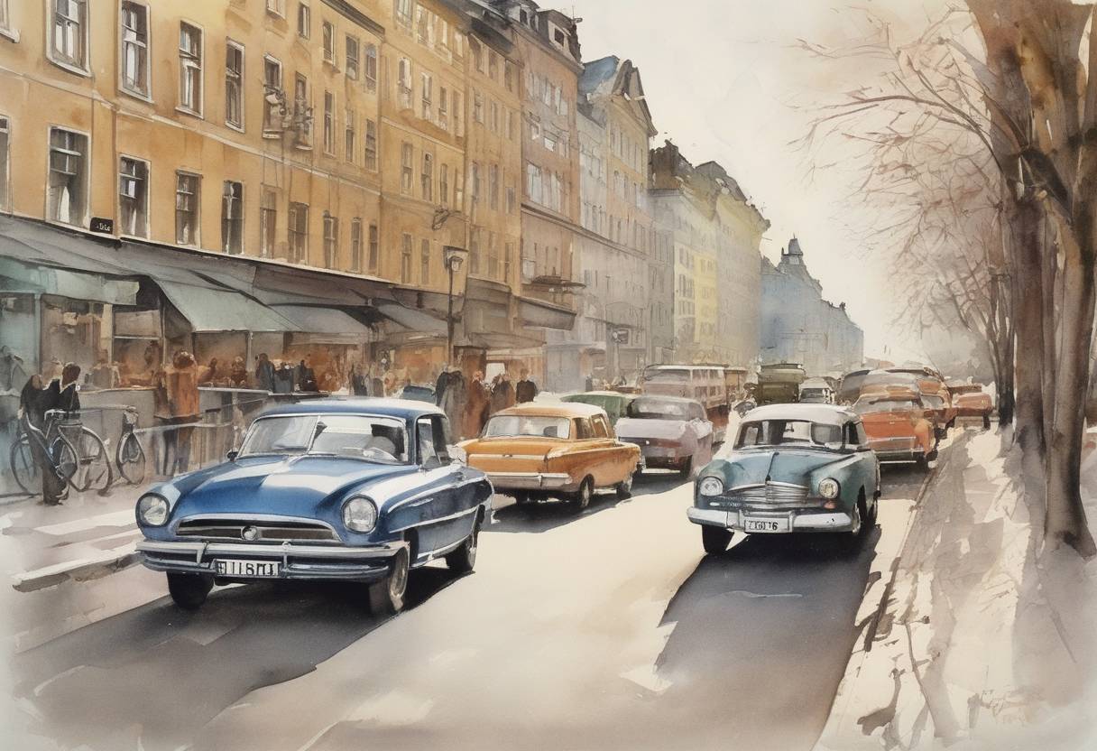 Watercolor painting based depiction of Sweden switched from driving on the left-hand side of the road to the right, in an event known as Dagen H. (1967)