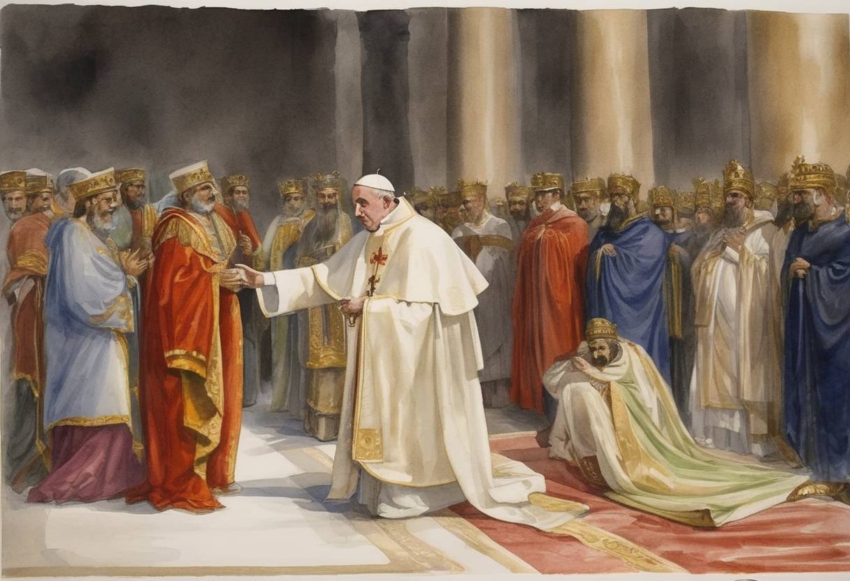 Watercolor painting based depiction of Pope Deusdedit I dies, marking the end of his pontificate, during which he faced the challenges of a plagues and a declining Roman Empire. (615)