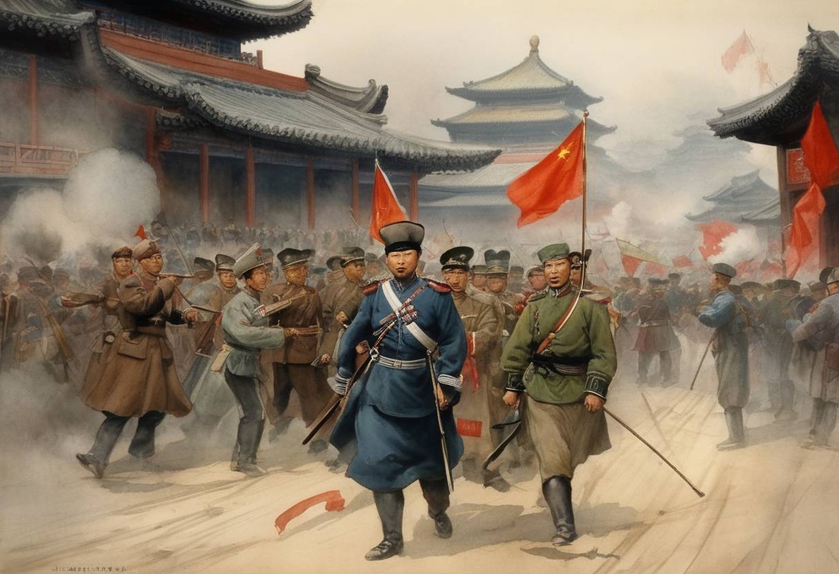 Watercolor painting based depiction of China formally declared war on all nations with diplomatic ties to it, including Germany, Japan, and Russia, marking an escalation of hostilities during the Boxer Rebellion. (1900)