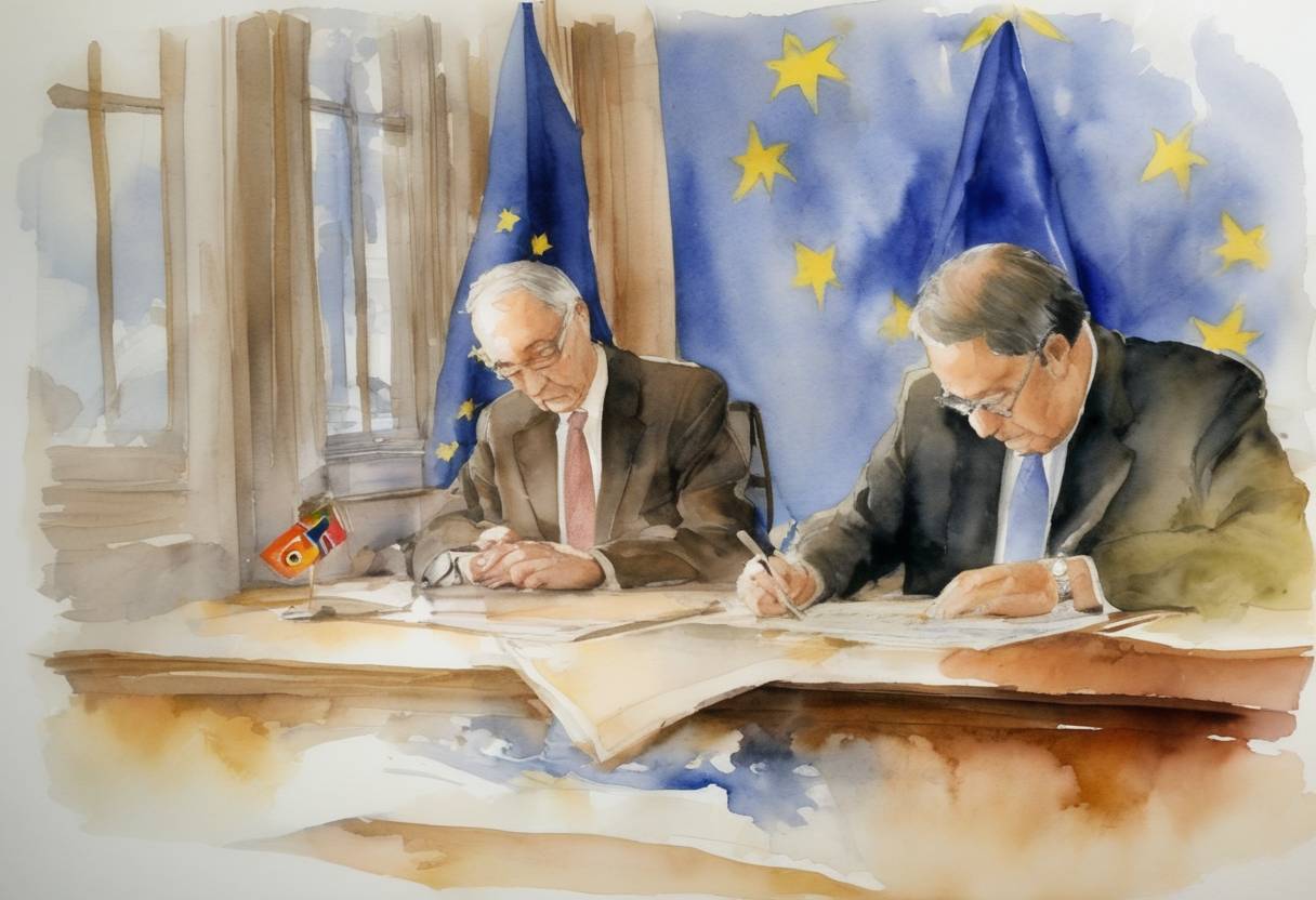 Watercolor painting based depiction of The Treaty of Accession 2003 was signed in Athens, Greece, marking a significant enlargement of the European Union, which saw the formal invitation for ten countries to join the EU as of May 1, 2004. (2003)