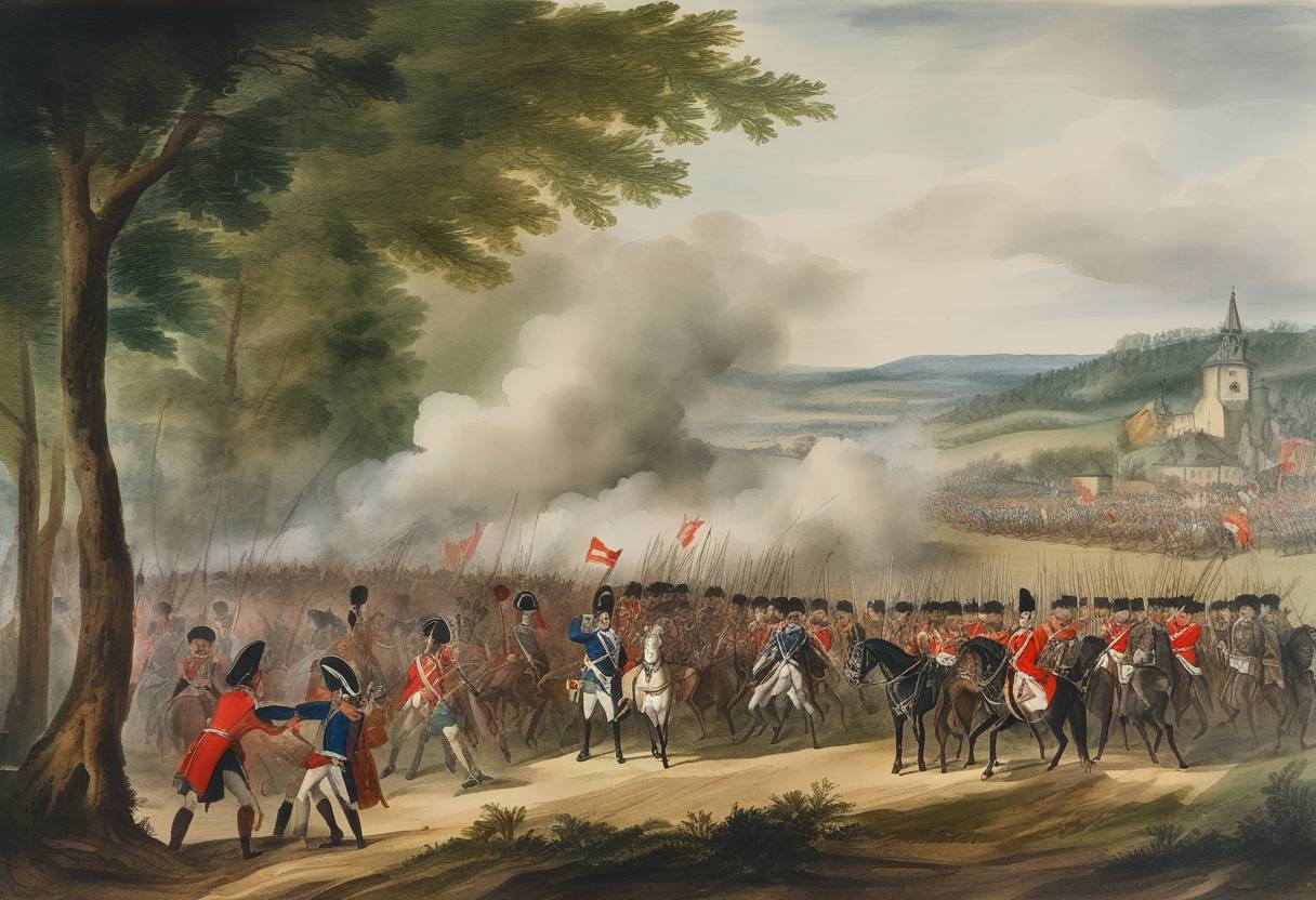 Watercolor painting based depiction of The Battle of Domstadtl takes place during the Seven Years' War as a notable engagement between the Austrian forces and the Prussian army. (1758)