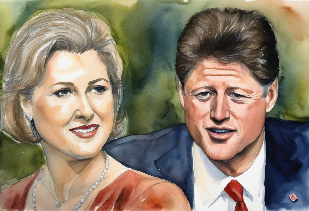 Watercolor painting based depiction of U.S. President Bill Clinton admits in taped testimony that he had an "improper physical relationship" with White House intern Monica Lewinsky. (1998)