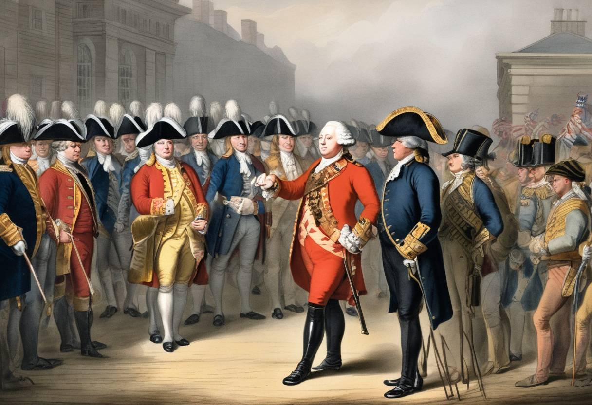 Watercolor painting based depiction of King George III endorses the New England Restraining Act, restricting trade in the American colonies, to suppress the growing unrest preceding the American Revolutionary War. (1775)