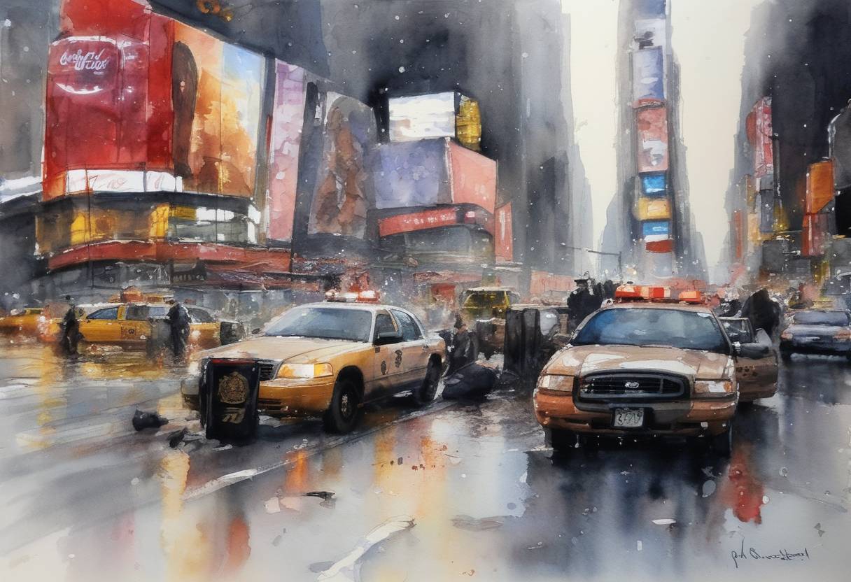 Watercolor painting based depiction of A car bomb attempt in Times Square, New York City was foiled by the NYPD after the bomb failed to explode. Faisal Shahzad was arrested two days later. (2010)