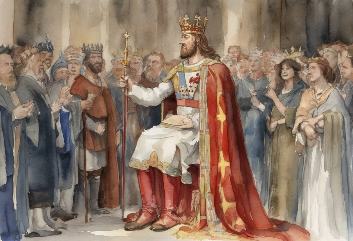 Watercolor painting based depiction of David I is crowned King of Scots, a significant event in Scottish history. He is known for his efforts to modernize the Scottish church and government along Norman lines, and his reign marks a period of internal consolidation and expansion of the kingdom. (1124)