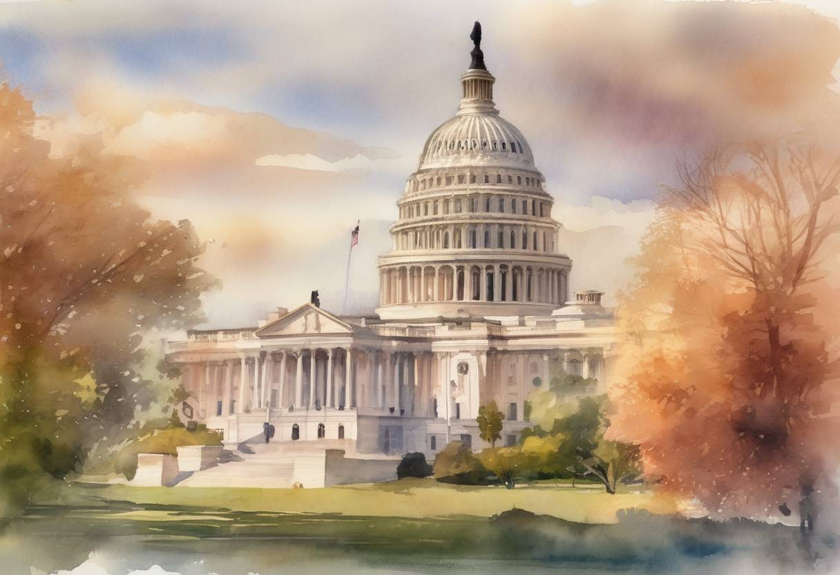 Watercolor painting based depiction of The United States Senate passed a bill to make daylight saving time permanent, known as the Sunshine Protection Act, aiming to end the twice-yearly clock changes. (2022)