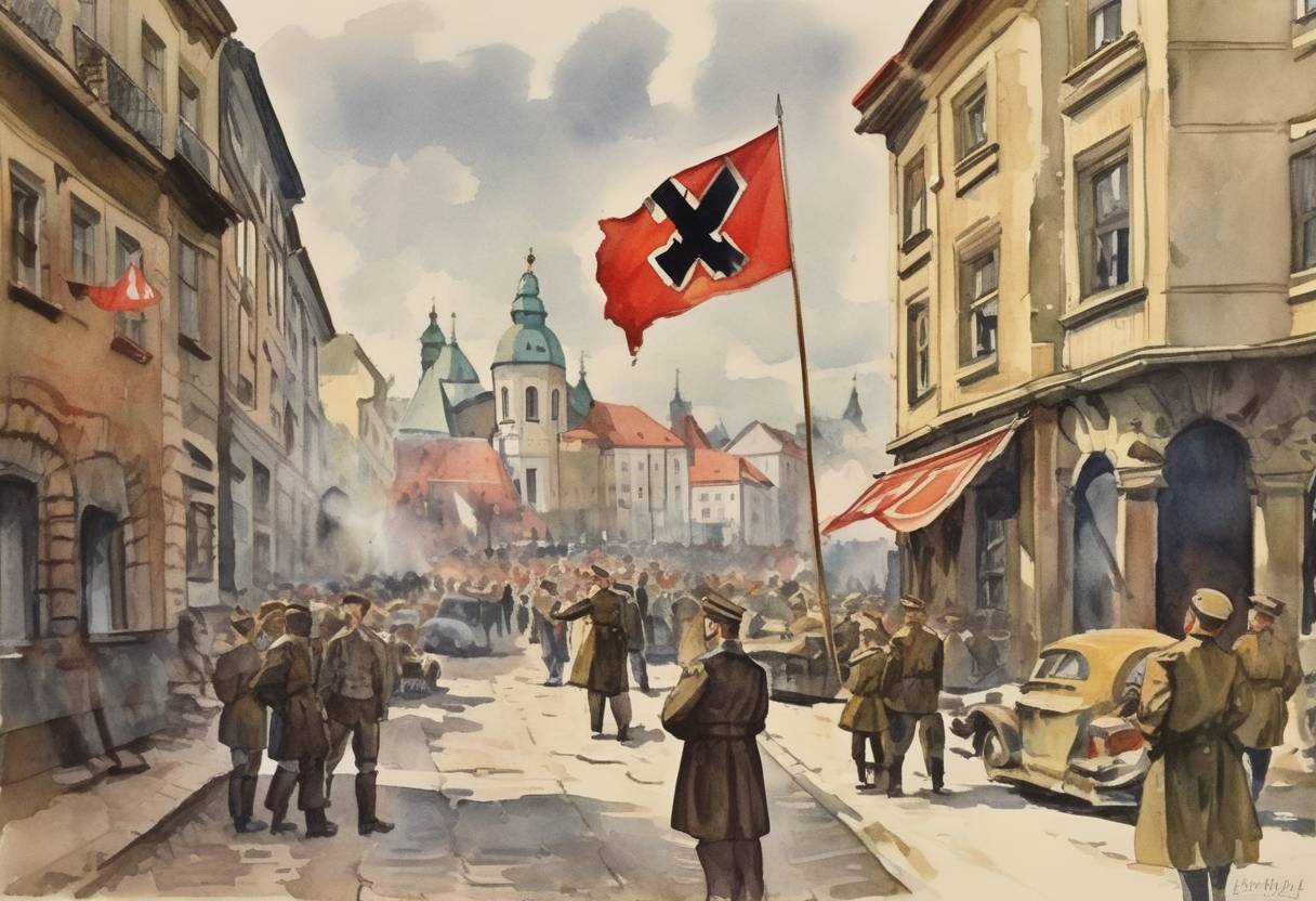 Watercolor painting based depiction of Slovakia declares independence under German pressure, becoming a client state of Nazi Germany at the onset of World War II. (1939)