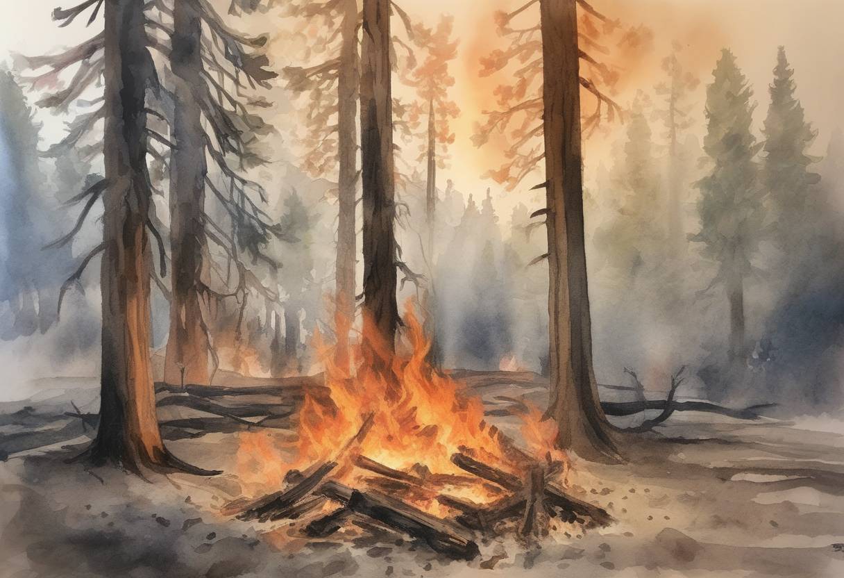 Watercolor painting based depiction of The Camp Fire, the deadliest and most destructive wildfire in California's history, was fully contained after burning for over two weeks. (2018)