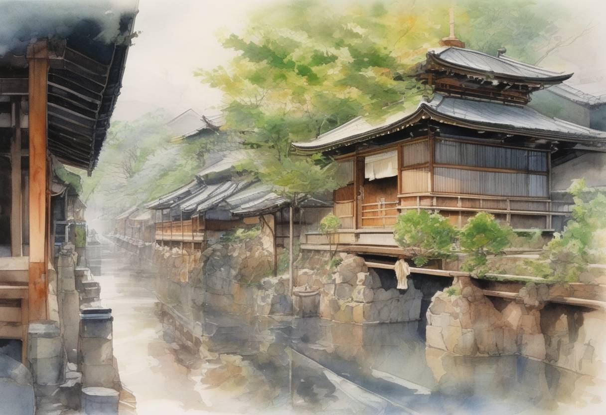 Watercolor painting based depiction of The Kyoto Protocol is adopted by the United Nations Framework Convention on Climate Change, aiming to reduce greenhouse gas emissions. (1997)