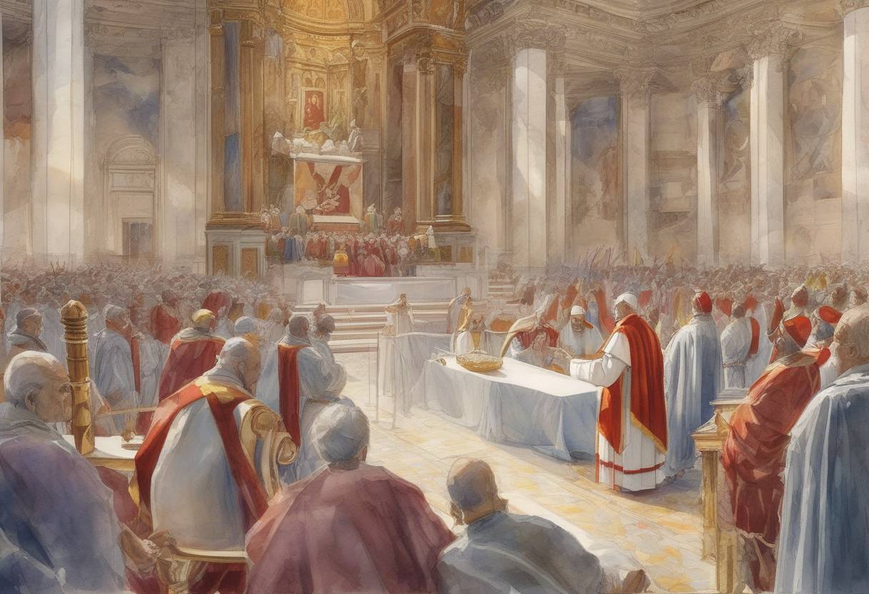 Watercolor painting based depiction of Pope Gregory II died, marking the end of his papacy, which was notable for his opposition to Byzantine iconoclasm and his support for missionary work in Germany. (727)
