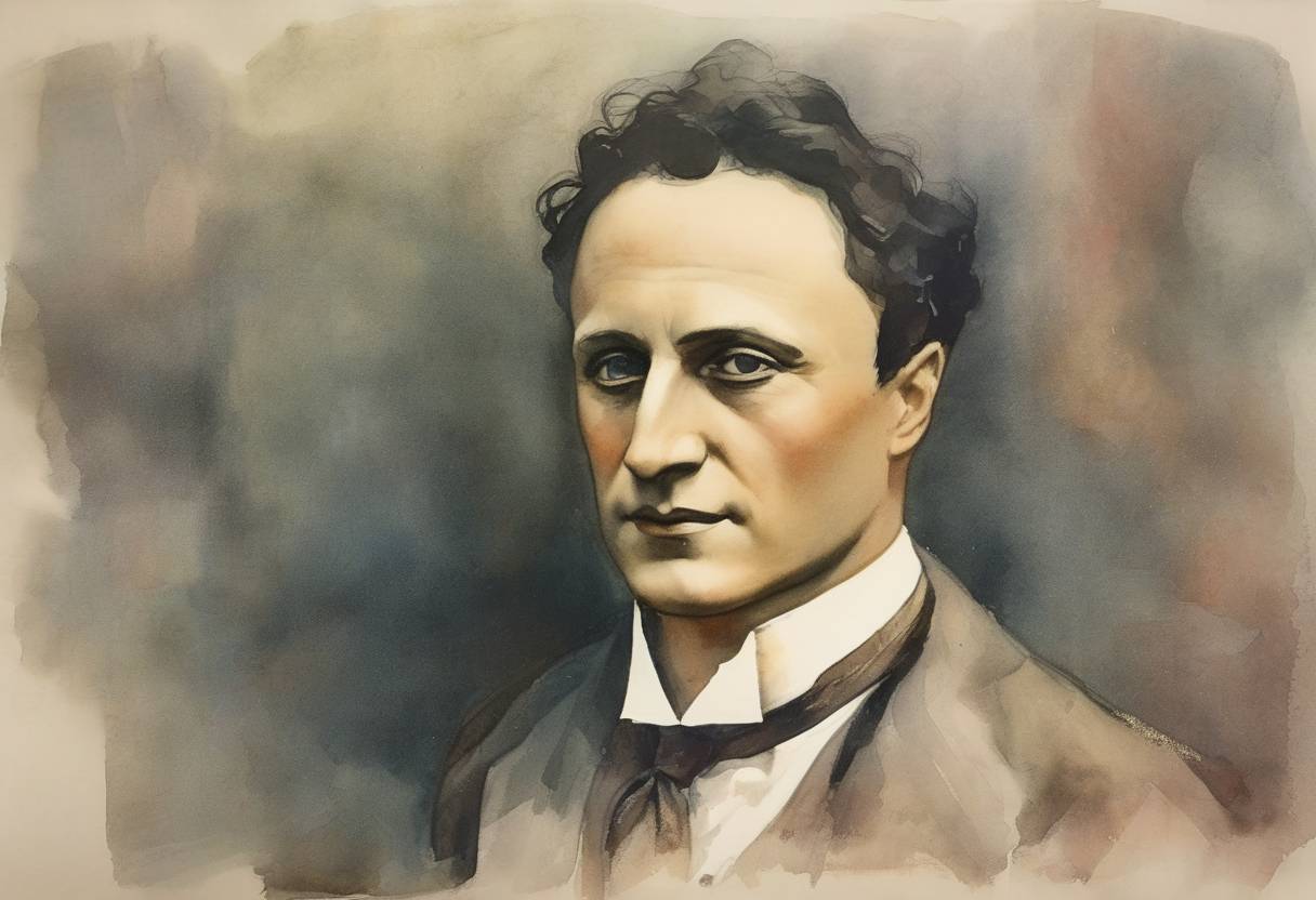 Watercolor painting based depiction of Harry Houdini, the famous magician and escape artist, dies of peritonitis in Detroit, Michigan. (1926)