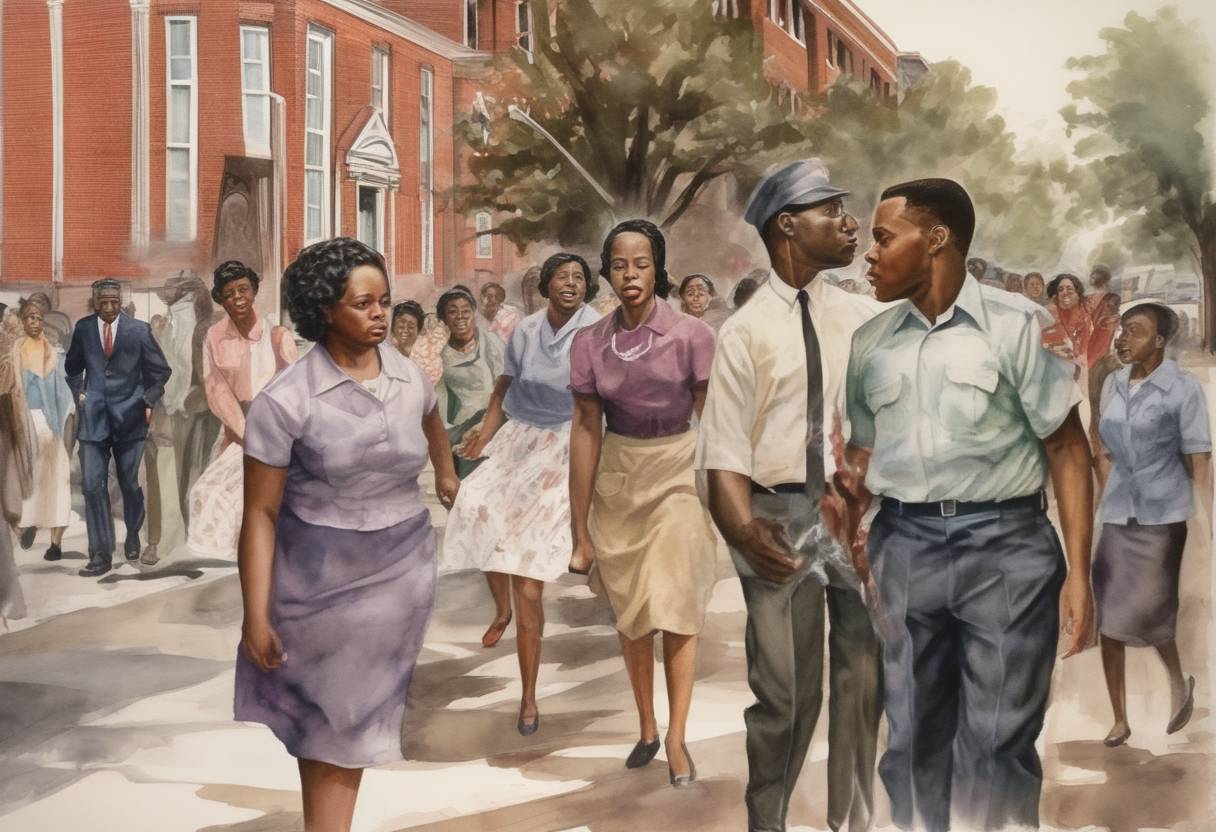 Watercolor painting based depiction of The 16th Street Baptist Church bombing occurred in Birmingham, Alabama, killing four African American girls and marking a pivotal moment in the Civil Rights Movement. (1963)