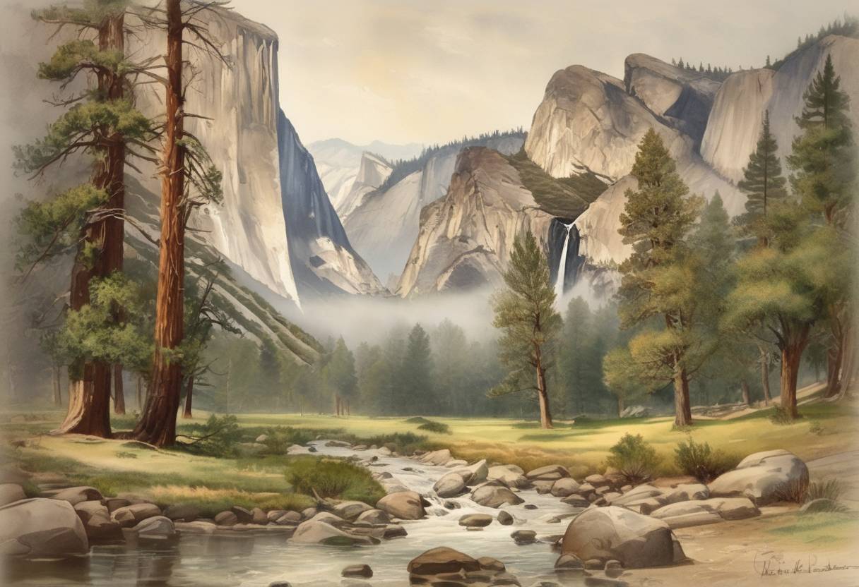 Watercolor painting based depiction of Yosemite National Park is established by the U.S. Congress, preserving the area for public use and enjoyment. (1890)