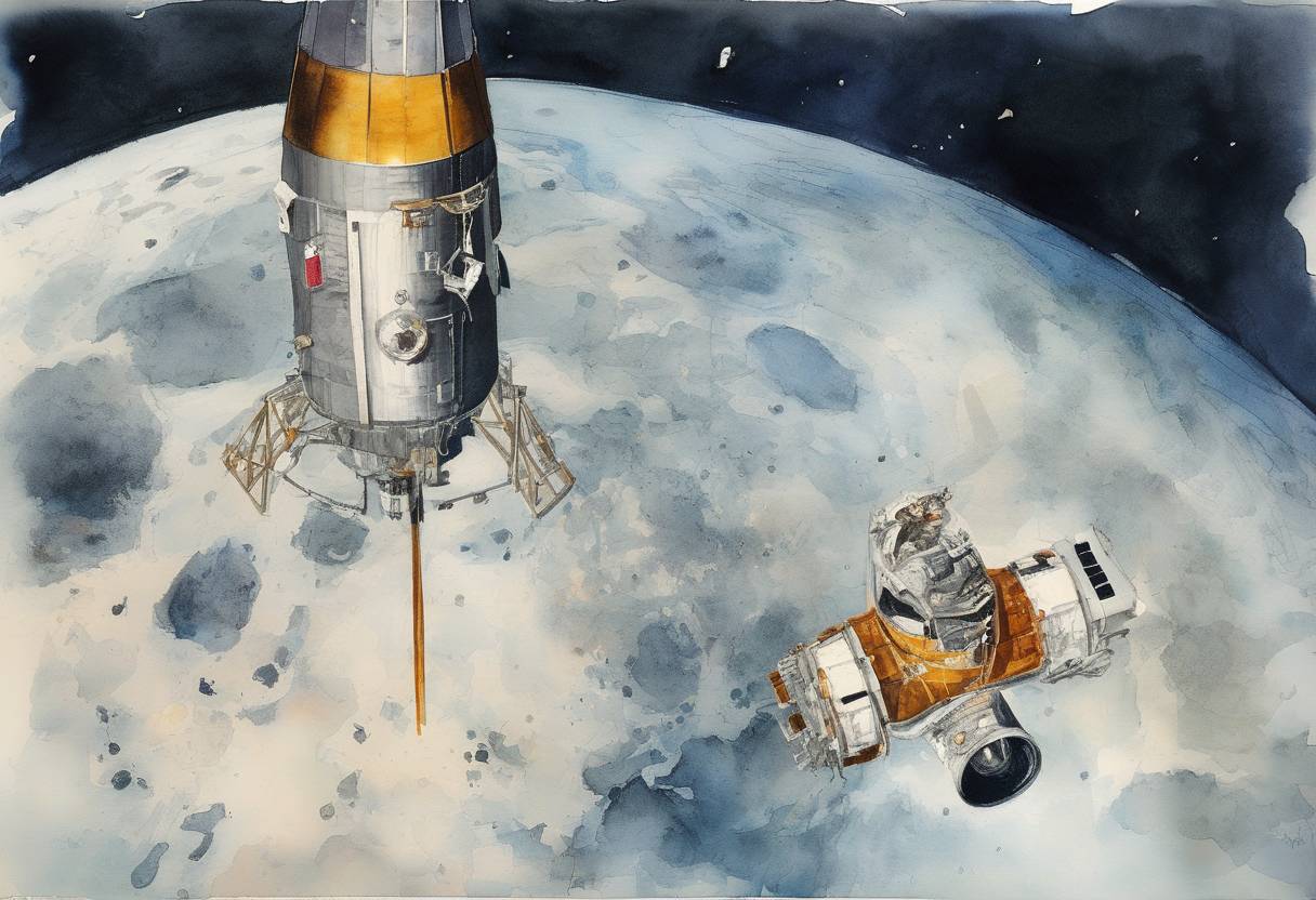 Watercolor painting based depiction of Apollo 8, the first manned mission to orbit the Moon, transmitted a live television broadcast from lunar orbit. The crew read from the Book of Genesis and showed images of the Earth and Moon, marking a significant moment in space exploration. (1968)