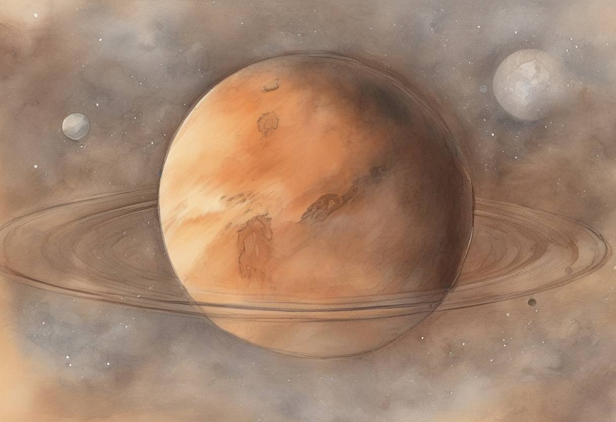 Watercolor painting based depiction of Mars made its closest approach to Earth in nearly 60,000 years, coming within 34.6 million miles (55.8 million kilometers). This event was significant for astronomers and space enthusiasts worldwide. (2003)