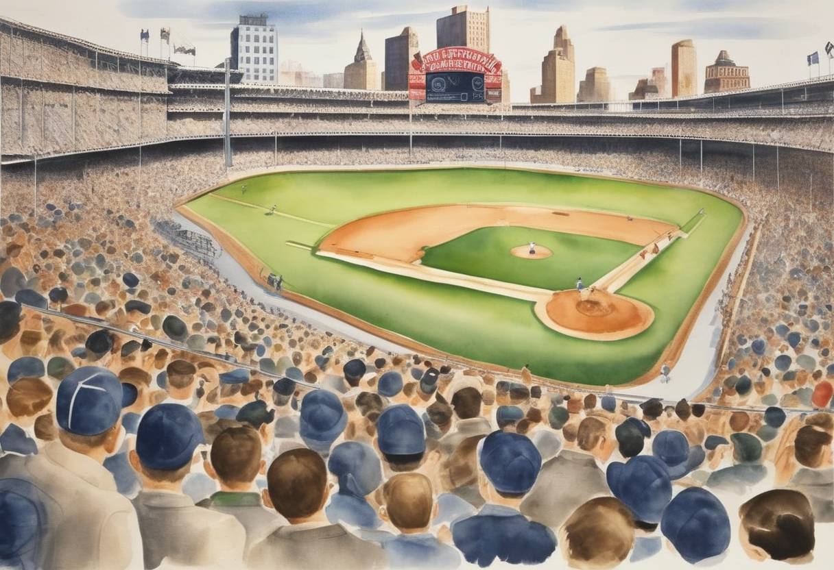 Watercolor painting based depiction of The World Series is televised for the first time, with the New York Yankees playing against the Brooklyn Dodgers. (1947)