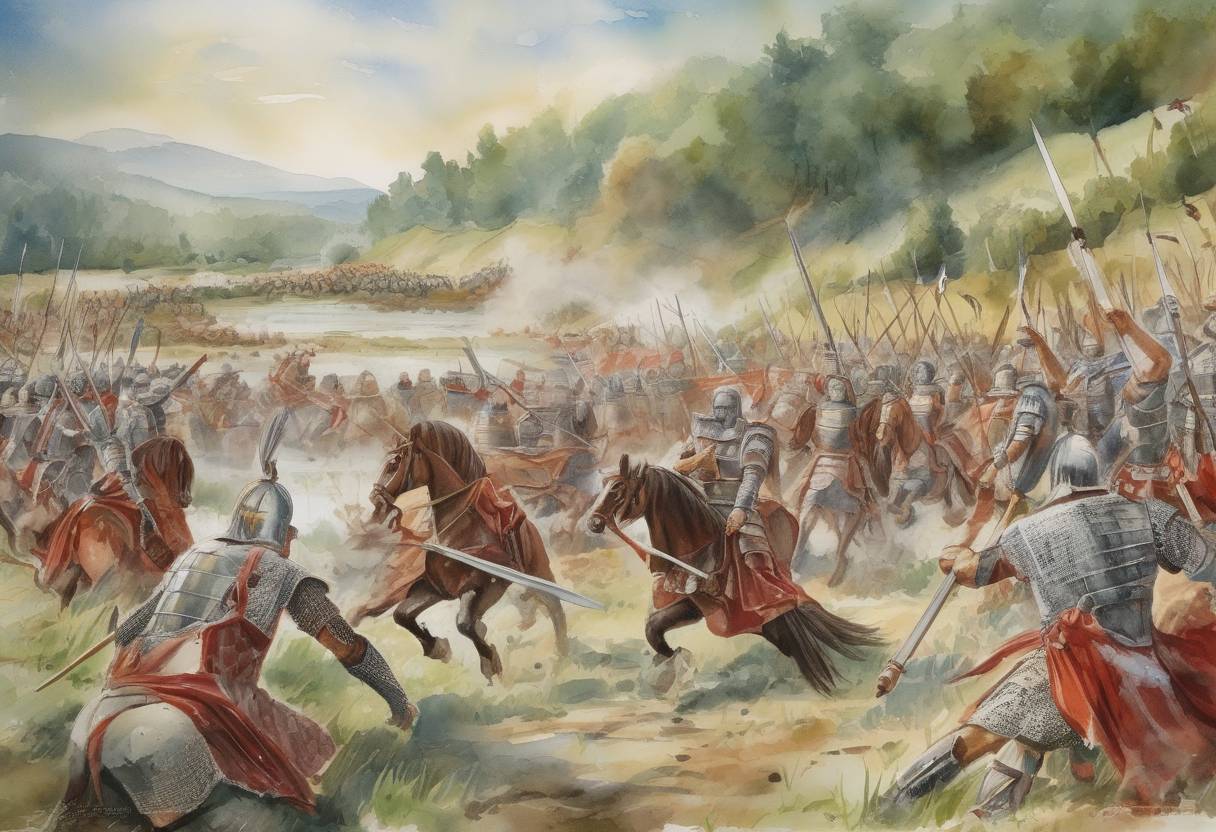 Watercolor painting based depiction of The Battle of the Frigidus took place, where the Eastern Roman Emperor Theodosius I defeated the Western Roman usurper Eugenius, effectively reuniting the Roman Empire under a single ruler. (394)