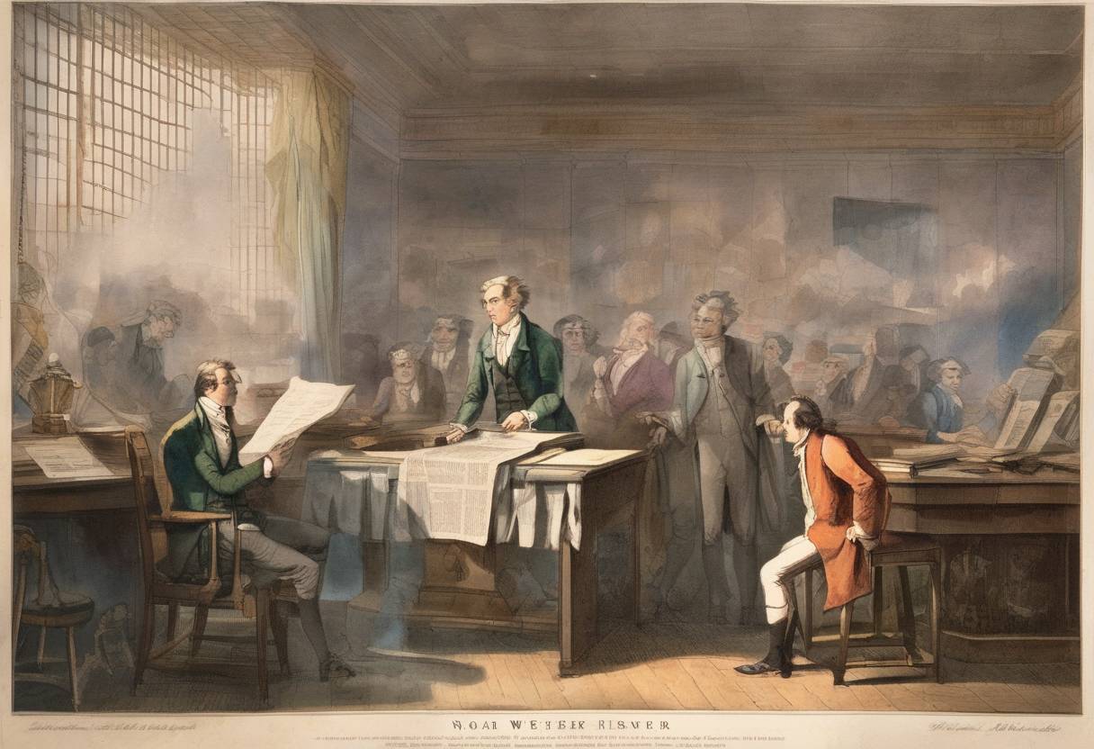 Watercolor painting based depiction of Noah Webster establishes New York's first daily newspaper, the American Minerva, which later becomes the New York Evening Post. (1793)