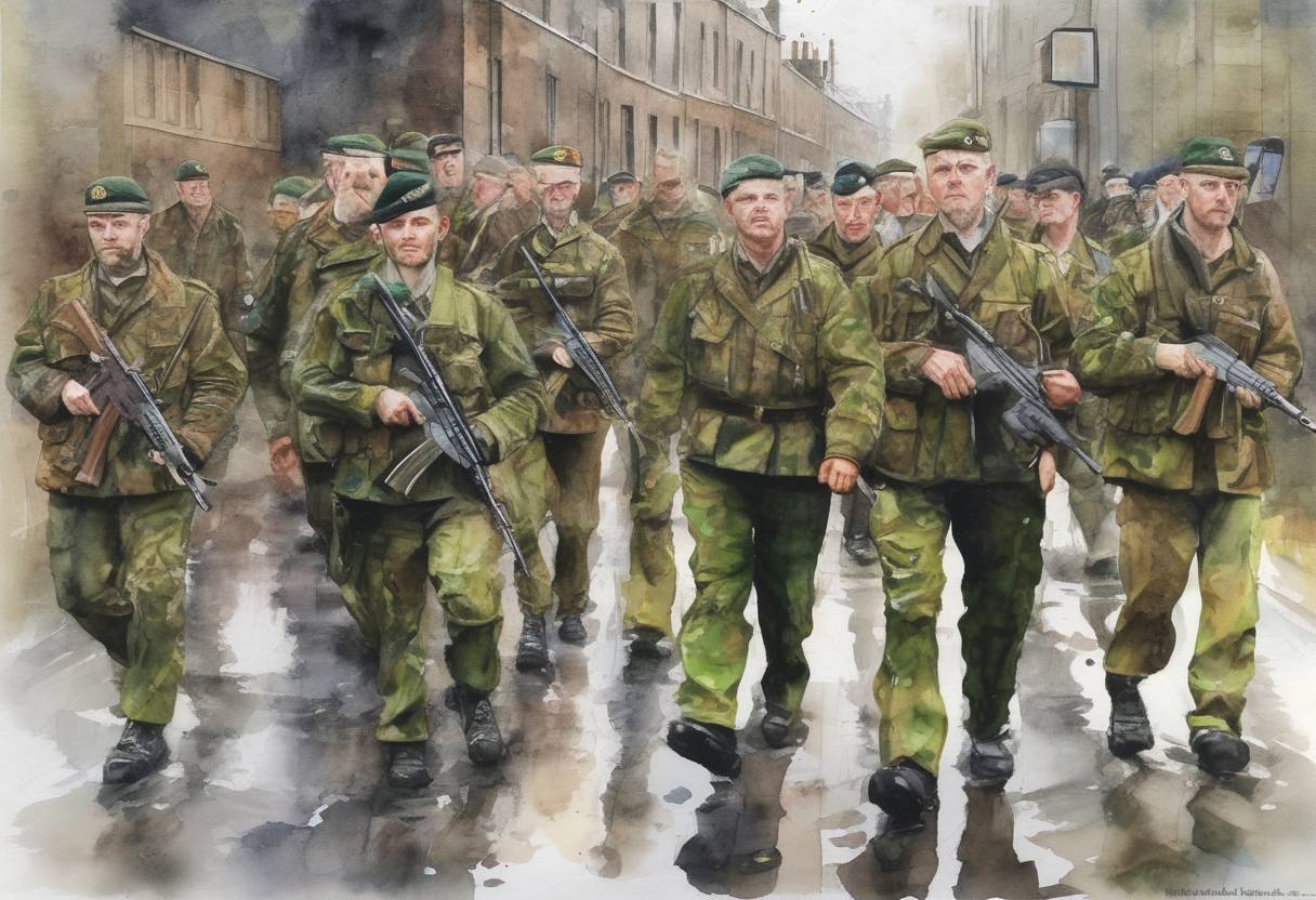 Watercolor painting based depiction of The Irish Republican Army (IRA) officially ended its armed campaign and decommissioned its weapons, marking a significant step in the Northern Ireland peace process. (2005)
