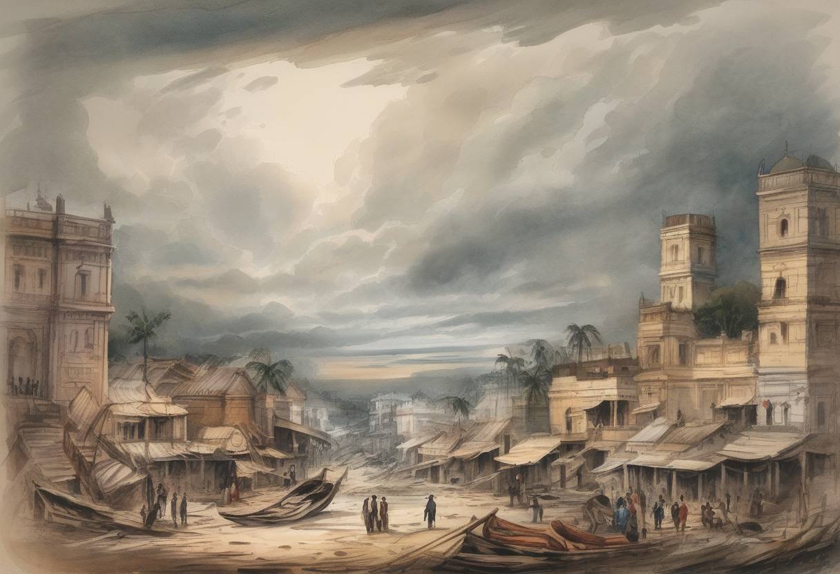 Watercolor painting based depiction of A cyclone caused the Coringa cyclone disaster in India, killing an estimated 300,000 people and destroying the port city of Coringa. (1839)