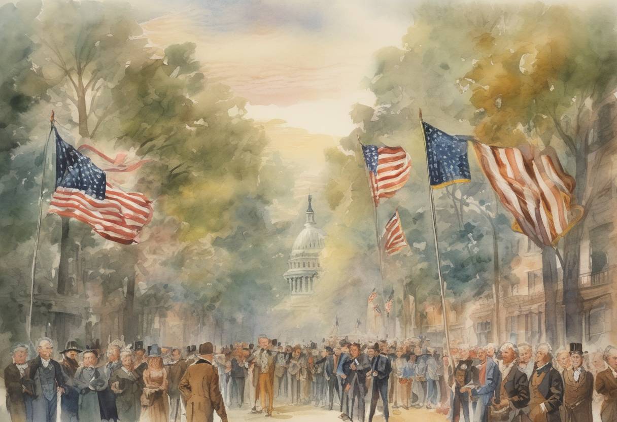 Watercolor painting based depiction of The United States celebrates its Bicentennial, marking 200 years since the Declaration of Independence. (1976)