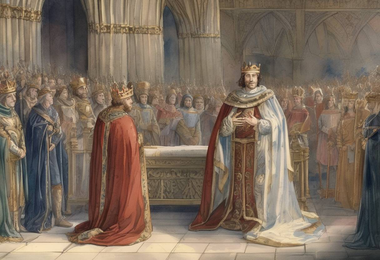 Watercolor painting based depiction of Edward I becomes King of England, although he is not crowned until August 19, 1274. (1272)