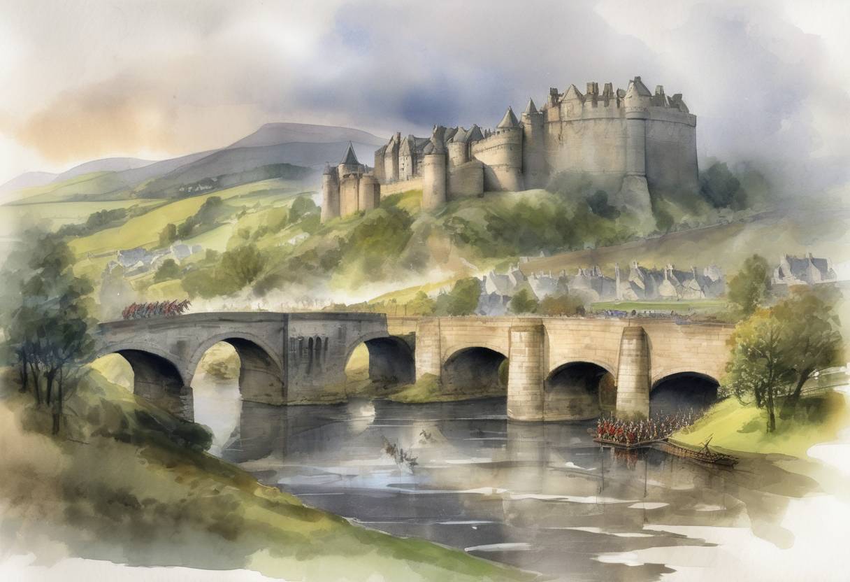 Watercolor painting based depiction of The Battle of Stirling Bridge took place, where Scottish forces led by William Wallace and Andrew Moray defeated the English army. (1297)