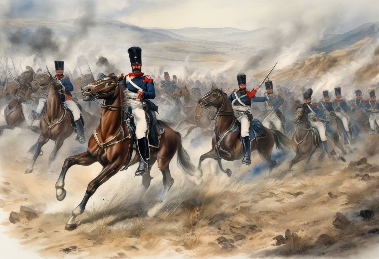 Watercolor painting based depiction of The Charge of the Light Brigade occurred during the Battle of Balaclava in the Crimean War. A miscommunication led to the British light cavalry charging directly into Russian artillery, resulting in heavy casualties. (1854)