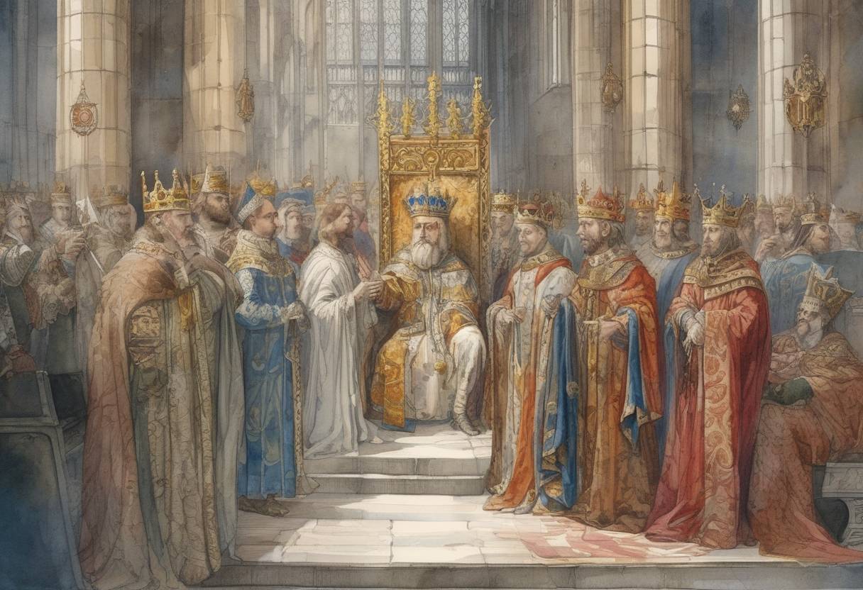 Watercolor painting based depiction of Henry I was crowned King of England at Westminster Abbey. (1100)