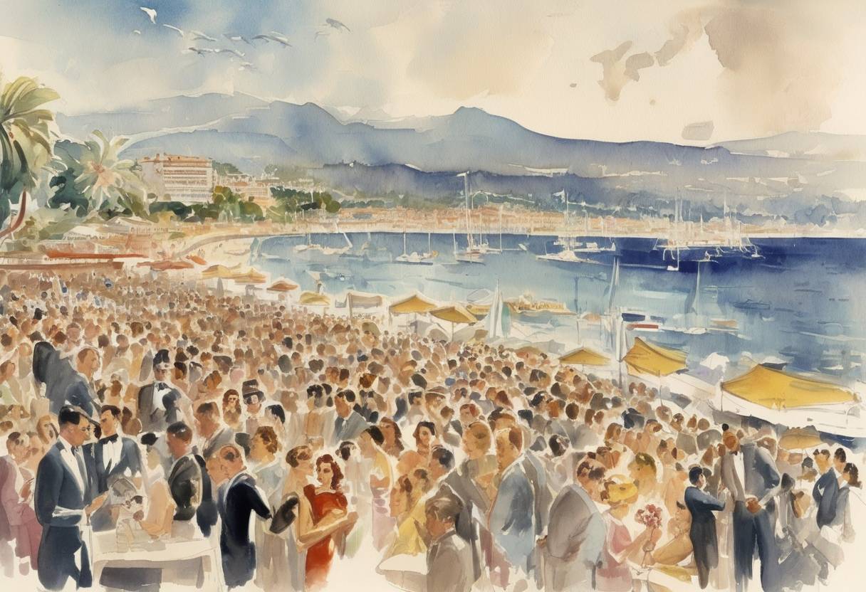 Watercolor painting based depiction of The first Cannes Film Festival was held, originally scheduled for 1939 but delayed due to World War II. (1946)