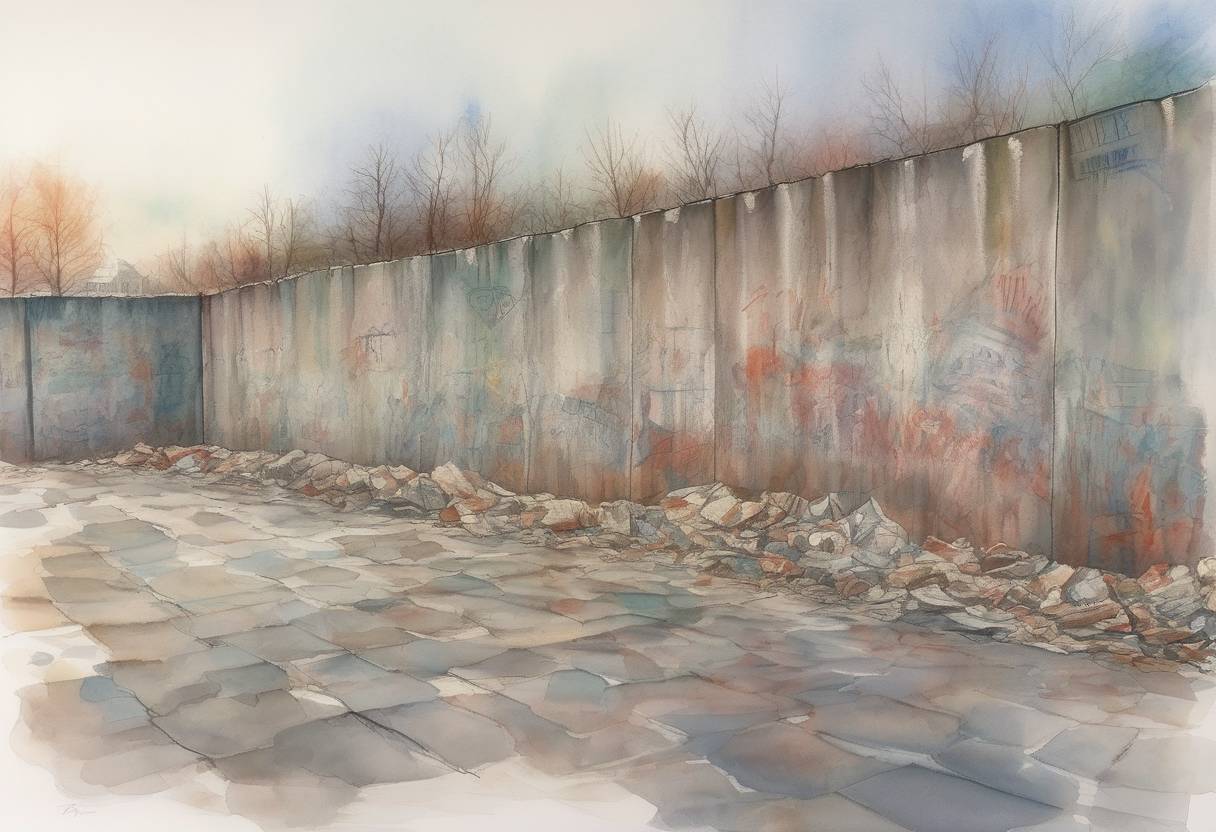 Watercolor painting based depiction of The Berlin Wall fell, marking a pivotal moment in the collapse of communist regimes in Eastern Europe and symbolizing the end of the Cold War. (1989)