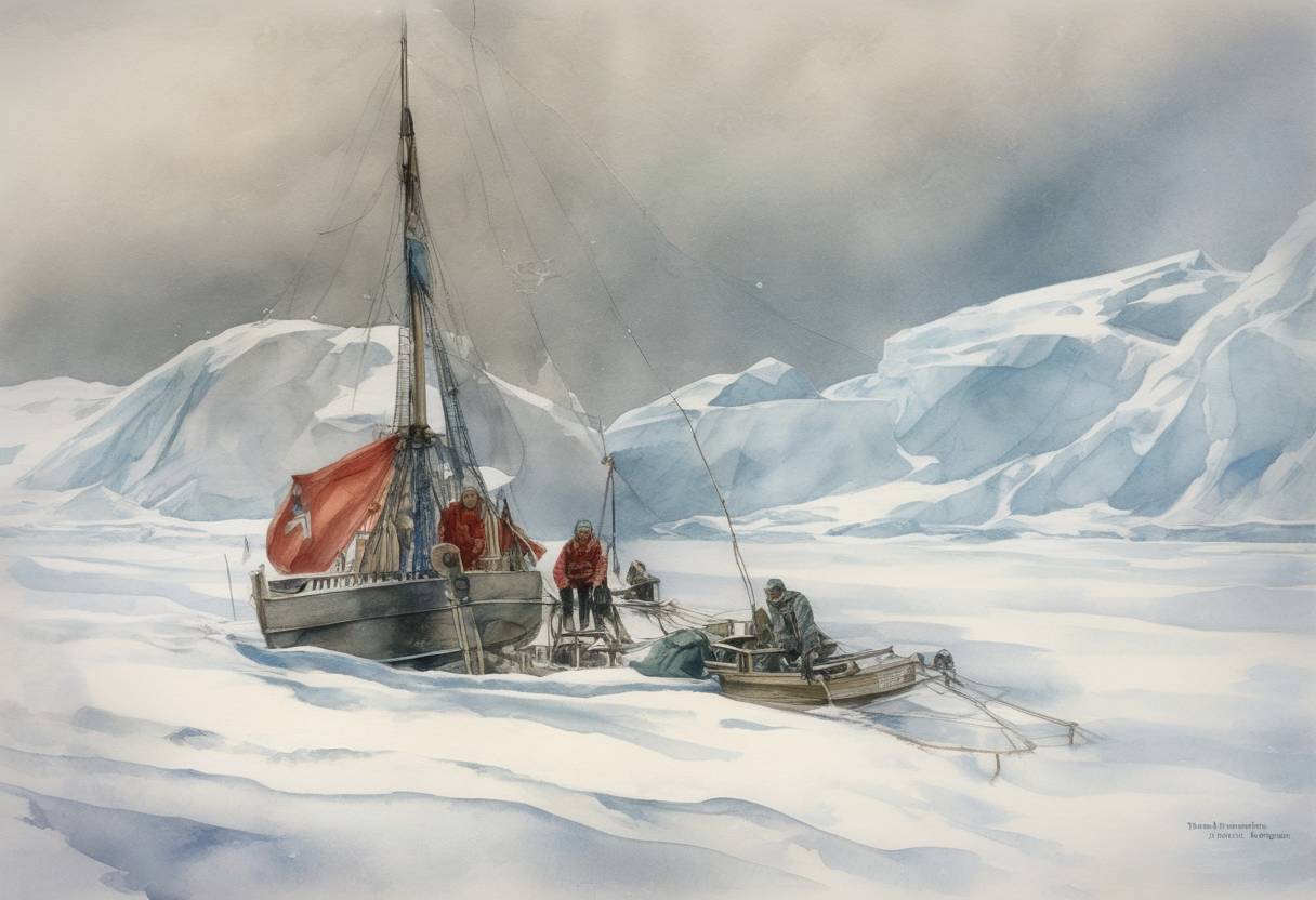 Watercolor painting based depiction of Norwegian explorer Roald Amundsen became the first person to reach the South Pole, marking a significant achievement in the Heroic Age of Antarctic Exploration. (1911)