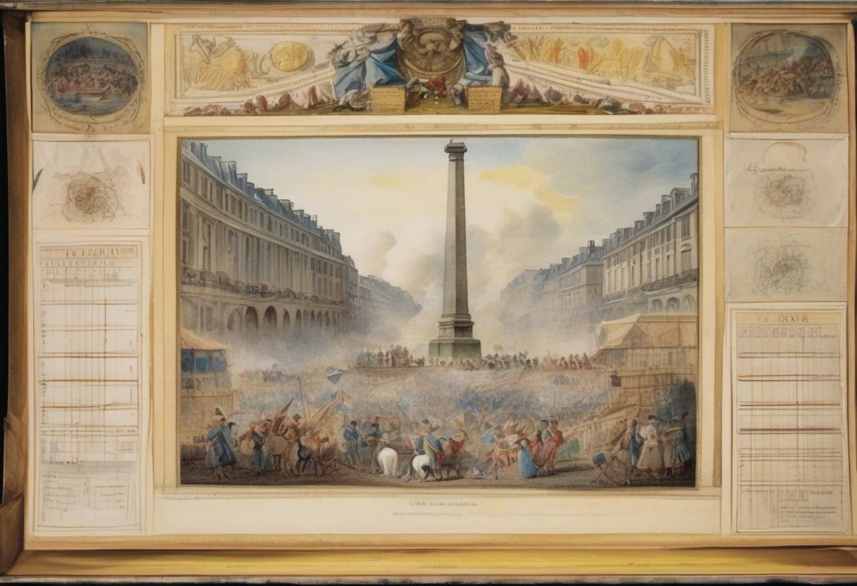 Watercolor painting based depiction of The French Revolution saw the establishment of the French Republican Calendar, which was designed to remove all religious and royalist influences from the calendar. (1793)