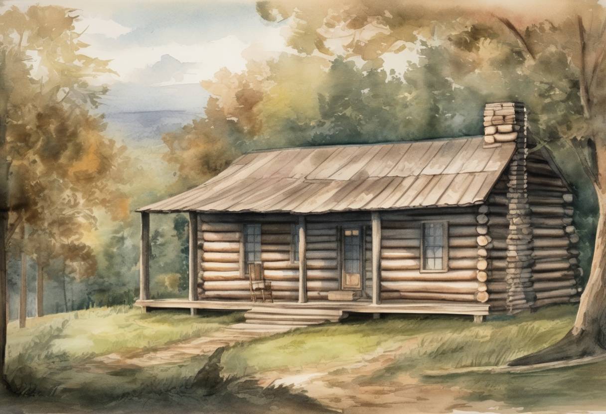 Watercolor painting based depiction of Abraham Lincoln, the 16th President of the United States, is born in a log cabin in Hardin County, Kentucky. (1809)