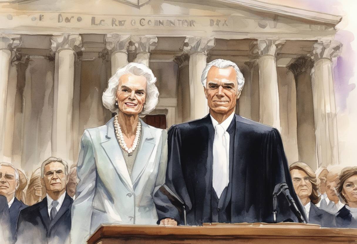 Watercolor painting based depiction of Sandra Day O'Connor was sworn in as the first female justice of the U.S. Supreme Court. (1981)