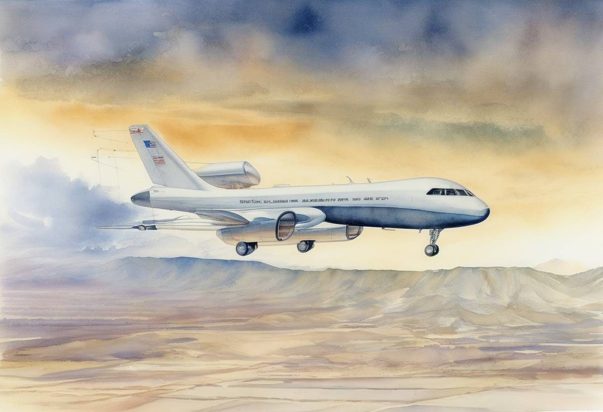 Watercolor painting based depiction of The Voyager experimental aircraft, piloted by Dick Rutan and Jeana Yeager, completes the first non-stop, non-refueled flight around the world, landing at Edwards Air Force Base in California. (1986)